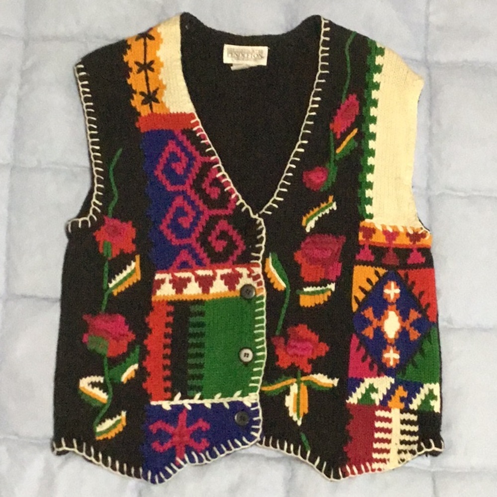 PENDLETON Knock Abouts Vintage Knit Vest M – Multicolor Patchwork Tapestry Folk - Picture 7 of 16